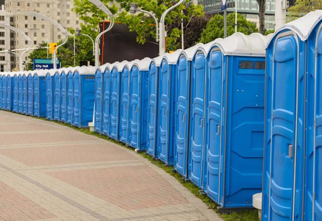 a row of sleek and modern portable restrooms at a special outdoor event in Arlington, WA